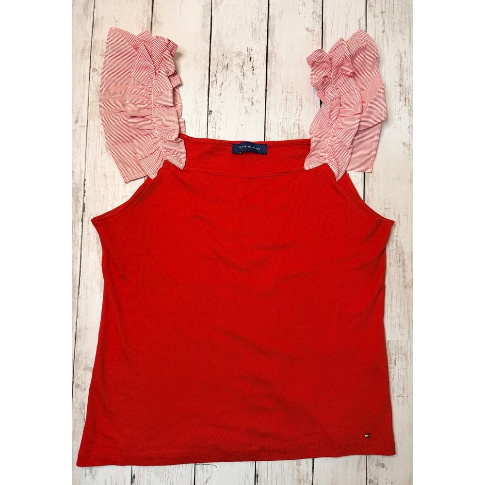 Tommy Hilfiger Red Ruffle Shoulder Stripe Strap Tank Top Square Neck Women Small